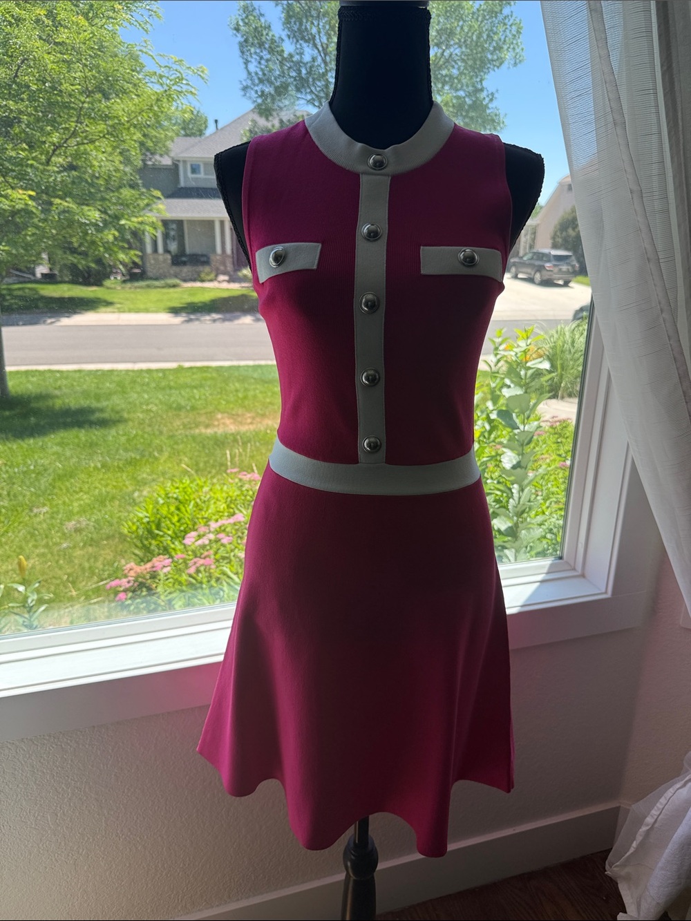 Michael Kors Fuchsia Sleeveless A-Line Dress with Cream Trim